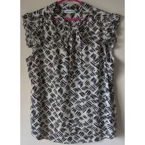 Calvin Klein Women's Black/White Ruffle Cap Sleeve Top Approx Size XL *See Pics*